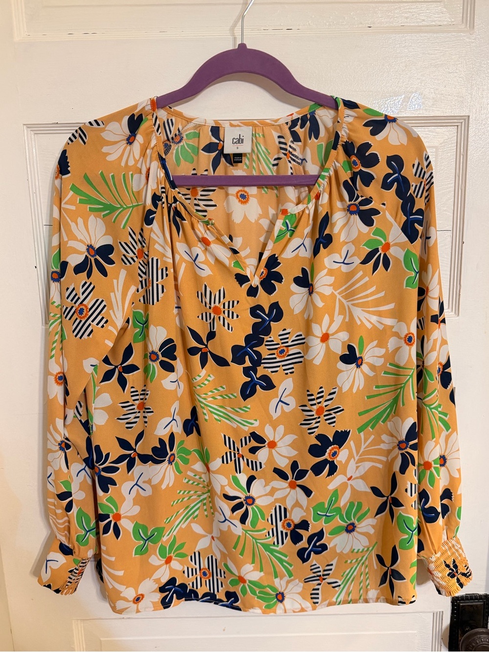 CAbi Floral Blouse in Mustard Yellow with Navy & Green Accents